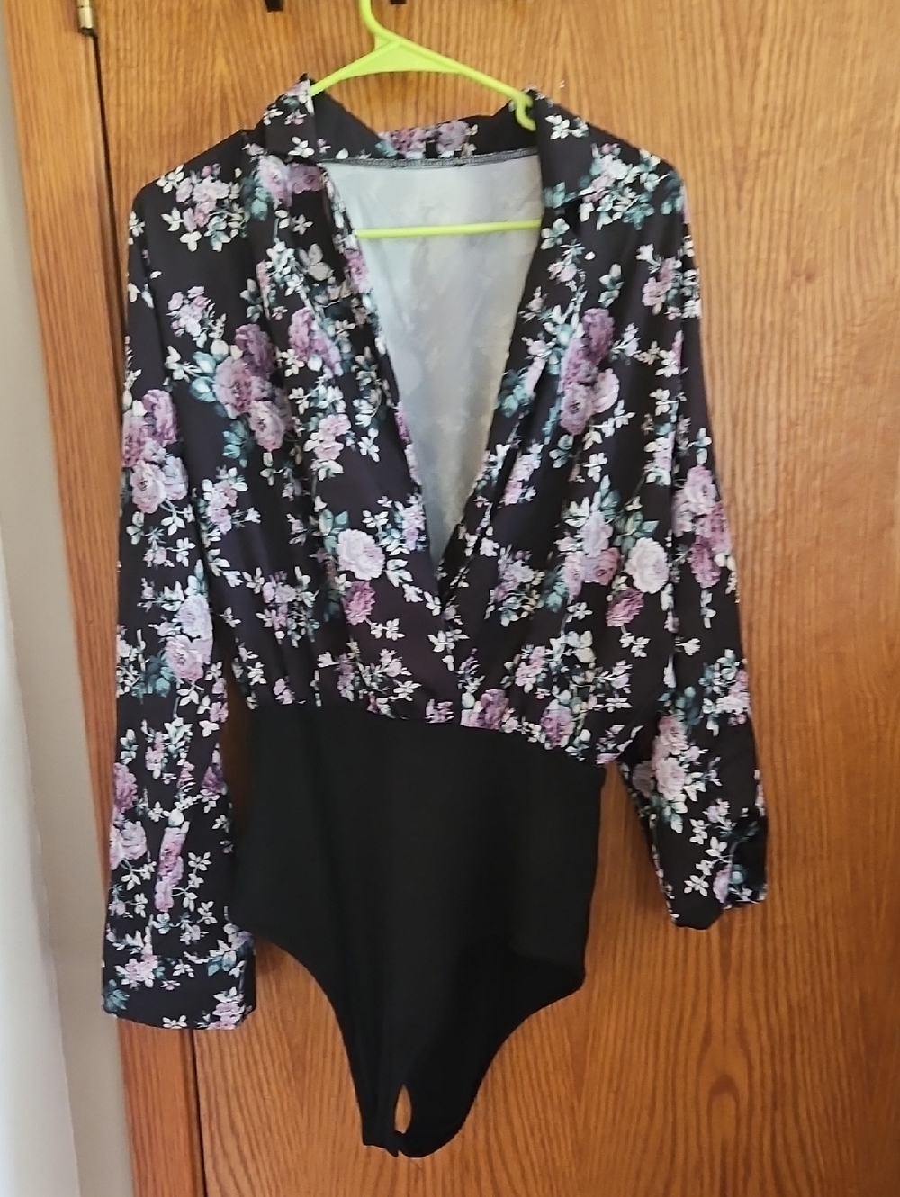 Fashion Nova Black Floral Long-Sleeve Surplice Bodysuit Jumpsuit
